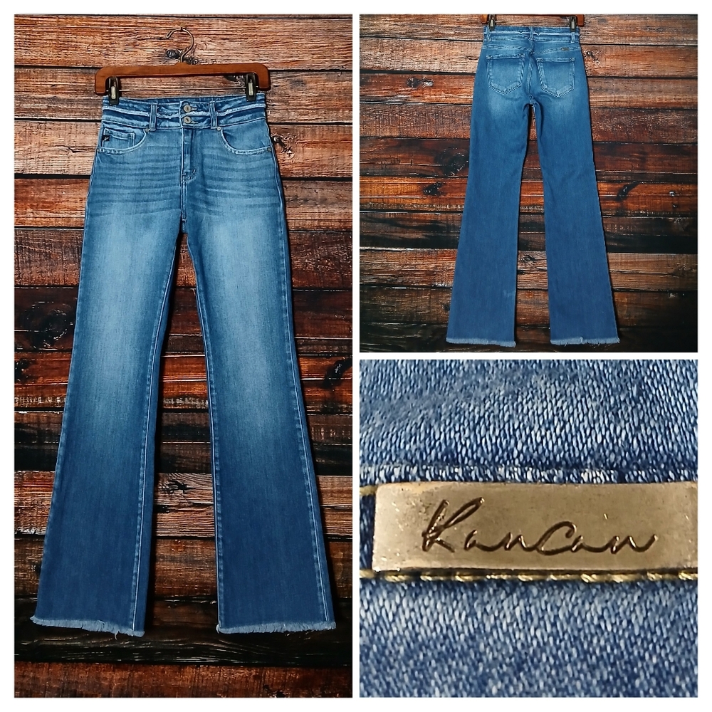 Kancan Jeans 25 Boot Cut High Rise Double Button Frayed Hem Blue Denim Stretch